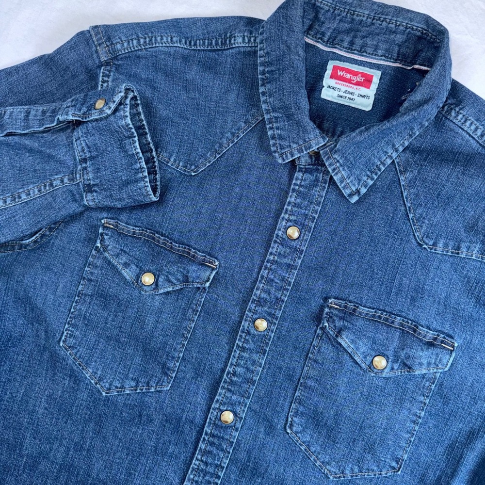 Wrangler Western Shirt Mens Large Blue Denim Long Sleeve Pearl Snap Greensboro
